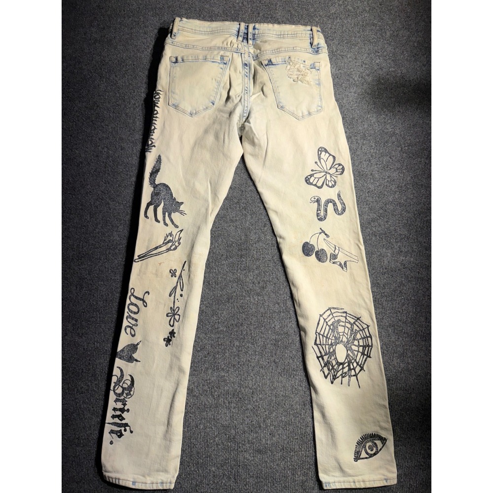 Rogue Mens‎ 30W Skinny Jeans Light Acid Wash Tattoo Graphic Distressed Punk Rock - Picture 8 of 8